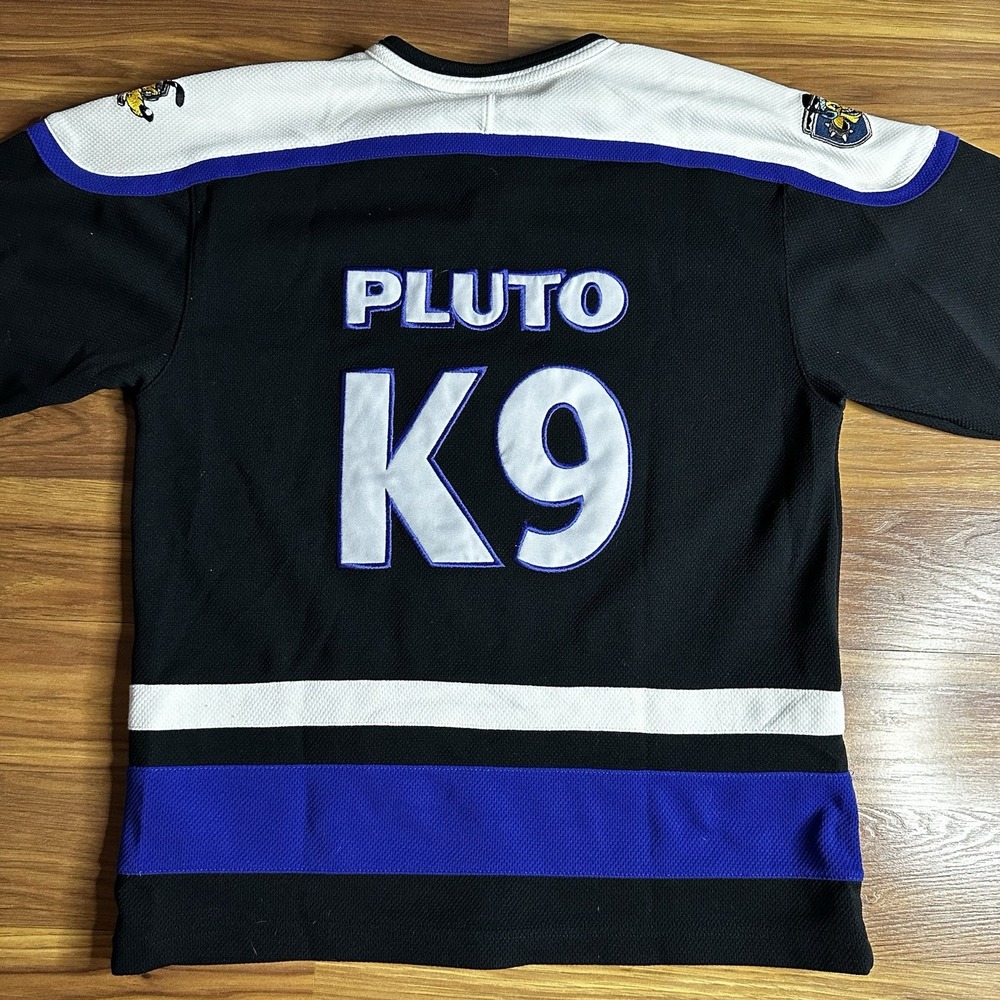 Vintage Y2K Disney World Pluto Ice Hounds Hockey Jersey Kids XL Black Blue K9 - Picture 6 of 9